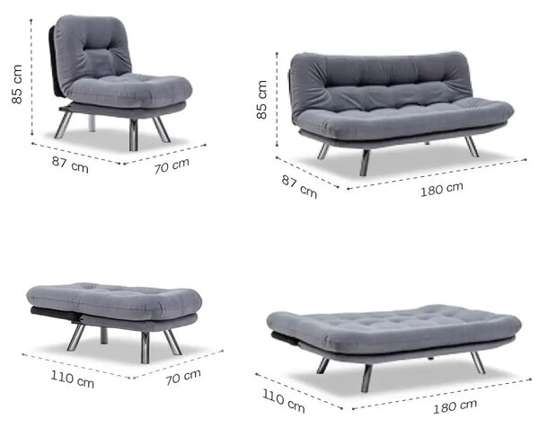 Set canapea extensibila 3 locuri si 1 fotoliu extensibila ,living, 180x110 cm – stofa, gri – Merburn