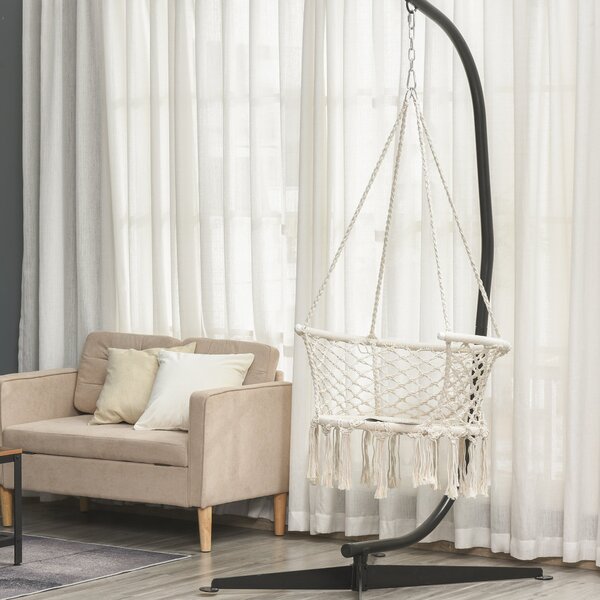 Outsunny Scaun Suspendat Stil Boho Chic din Poliester și Macramé, Crem, Design Confortabil pentru Interior și Exterior, 80x60x36 cm | Aosom Romania
