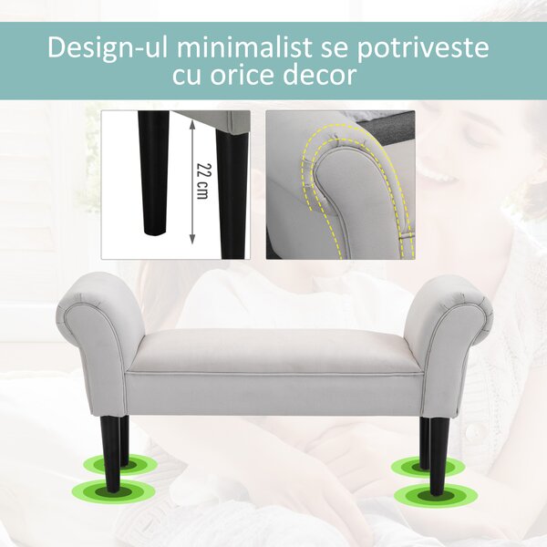 HOMCOM Bancă Modernă pentru Dormitor, Captușită, cu Cotiere Rotunjite, Confortabilă, Gri, Design Elegant | Aosom Romania
