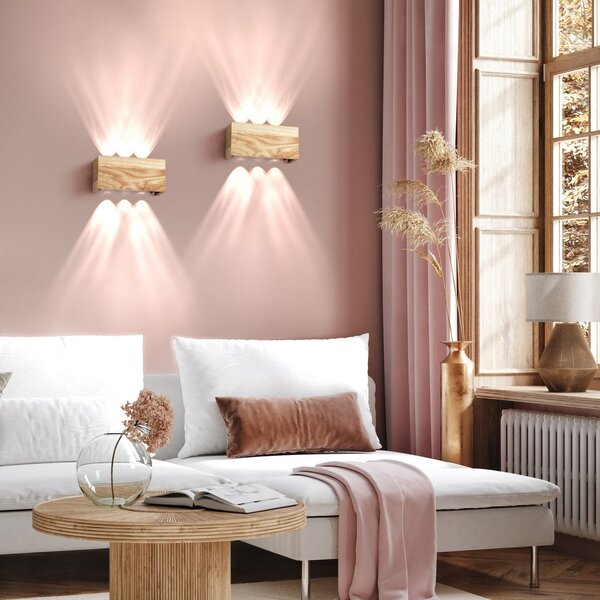FISCHER & HONSEL Aplică de perete LED Shine-Wood, lățime 21 cm, stejar/negru, lemn, Lemn, Camera de zi / sufragerie, Lemn