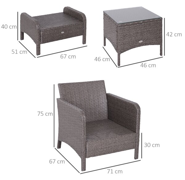Outsunny Set Mobilier de Grădină din Ratan 5 Piese, 2 Fotolii, 2 Pouf, Măsuță de Cafea cu Sticlă, Perne Decorative, Gri | Aosom Romania