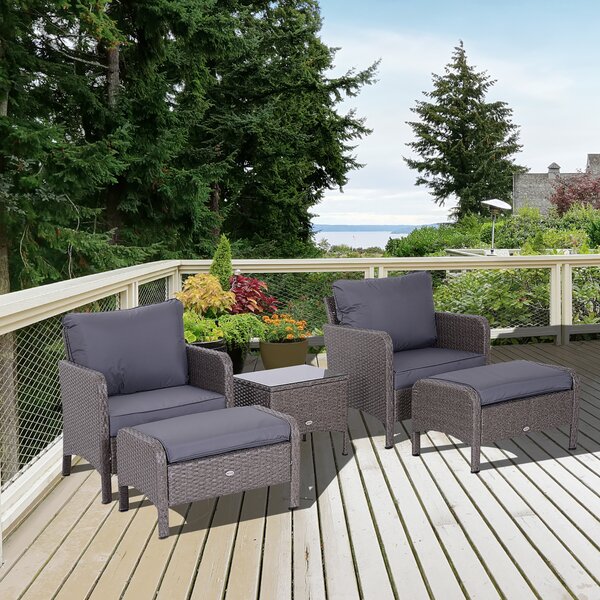 Outsunny Set Mobilier de Grădină din Ratan 5 Piese, 2 Fotolii, 2 Pouf, Măsuță de Cafea cu Sticlă, Perne Decorative, Gri | Aosom Romania