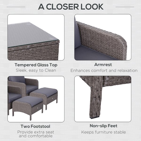 Outsunny Set Mobilier de Grădină din Ratan 5 Piese, 2 Fotolii, 2 Pouf, Măsuță de Cafea cu Sticlă, Perne Decorative, Gri | Aosom Romania