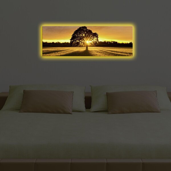 Tablou Canvas cu Led Rasaritul Soarelui fara Priza, Galben, 90x30 cm