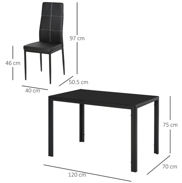 Homcom Set Masa de Luat Masa cu 4 Scaune Tapitate, Design Modern pentru Sala de Mese, Metal Sticlă PU, Negru | Aosom Romania