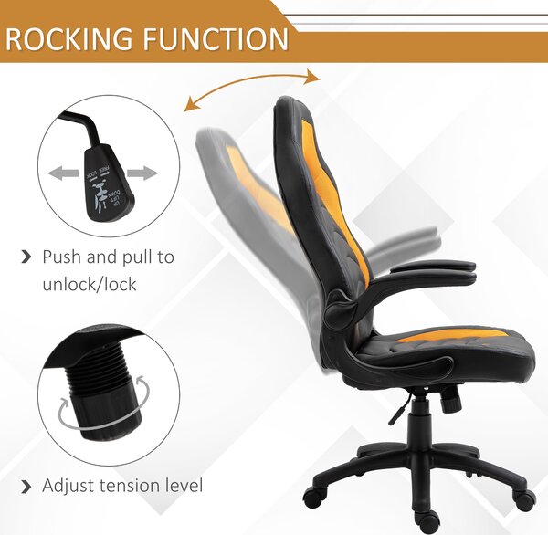 Fotoliu de Gaming din Piele ecologica cu Functie de Balansare, Inaltime Ajustabila si Cotiera Rabatabila, 5 Roti Rotative, Galben Vinsetto | Aosom RO