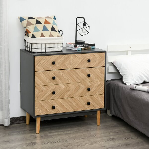 HOMCOM Noptieră Modernă din Lemn cu 5 Sertare și Picioare Ridicate din Pin, Design Elegant, Gri Închis, 80x40x80cm | Aosom Romania