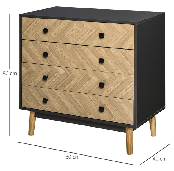 HOMCOM Noptieră Modernă din Lemn cu 5 Sertare și Picioare Ridicate din Pin, Design Elegant, Gri Închis, 80x40x80cm | Aosom Romania