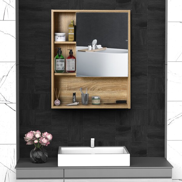 Kleankin Dulap Baie cu Oglindă Raft Reglabil Montare Pe Perete Stejar 60x15x76cm Design Elegant | Aosom Romania