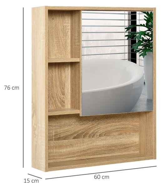 Kleankin Dulap Baie cu Oglindă Raft Reglabil Montare Pe Perete Stejar 60x15x76cm Design Elegant | Aosom Romania
