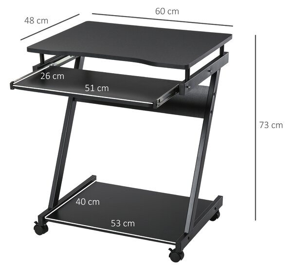 Birou cu suport pentru PC si tastatura, cu 4 roti, negru 60x48x73cm HOMCOM | Aosom RO