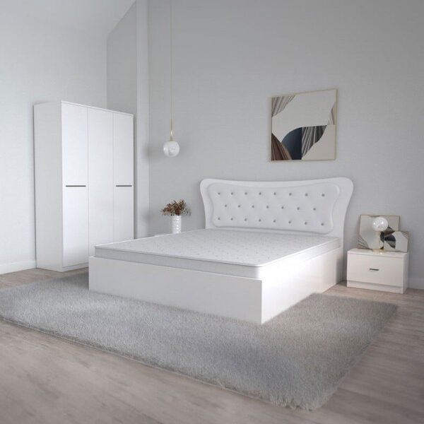 Set Mobila De Dormitor Dante H Alb, pat 160x200cm, dulap 124x187cm, noptiere