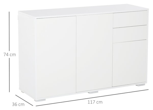 HOMCOM Mobilier Multiuz Alb, pentru Sufragerie Bucătărie Birou, 2 Sertare și 2 Uși, Deschidere Prin Apăsare, 117x36x74cm | Aosom Romania
