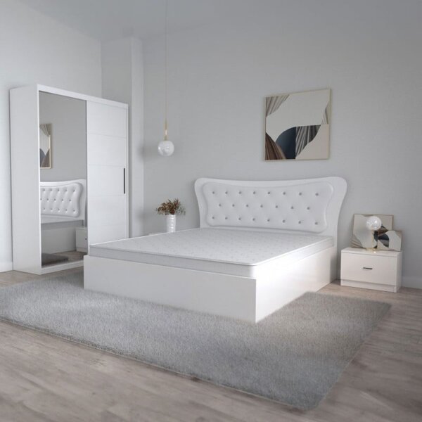 Set Mobila De Dormitor Dante Alb, pat 160x200cm, dulap cu oglinda 150x200cm, noptiere