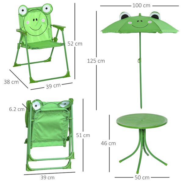 Outsunny Set Masa de Gradina cu 2 Scaune Pliabile si Umbrela pentru Copii din Metal si Poliester, Verde | Aosom Romania