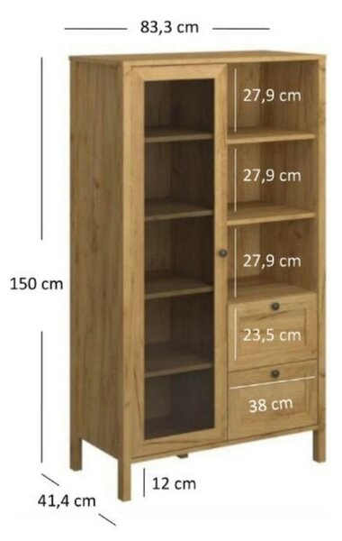 Vitrina KLARK, stejar auriu, PAL laminat, 84x42x150 cm