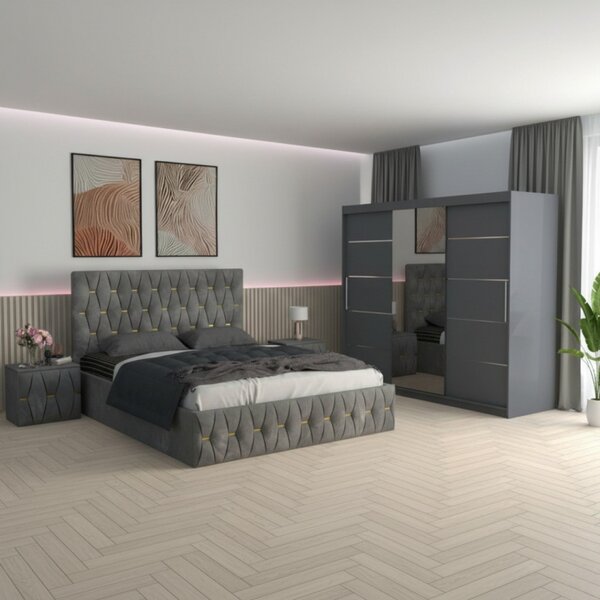 Set Mobila De Dormitor David Gri 250cm, pat Eric tapitat Gri 160x200cm, dulap gri 250cm, 2 noptiere tapitate si saltea 160x200cm