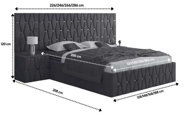 Set Mobila De Dormitor Berlin Crem, pat tapitat Crem 180x200cm, dulap tapitat 250cm, 2 noptiere si saltea 180x200cm