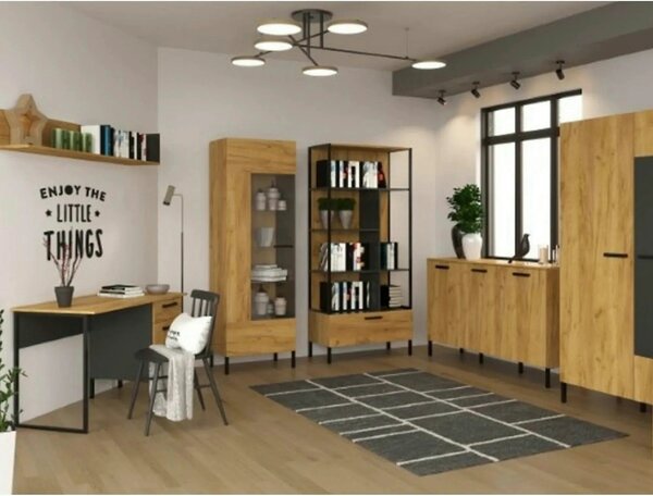 Dulap SANTES, stejar artisan auriu/gri antracit, PAL laminat, cu 2 usi