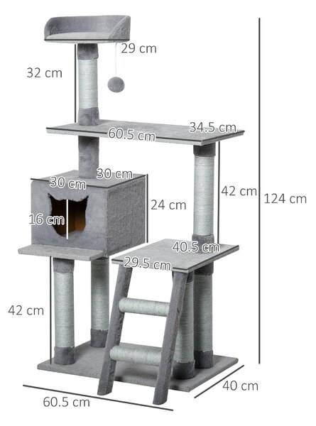 Ansamblu pentru pisici cu suprafata de zgariat, Casuta Scara Platforme, Stalpi din Sfoara din iuta, Gri, 60.5x40x124cm PawHut | Aosom Romania