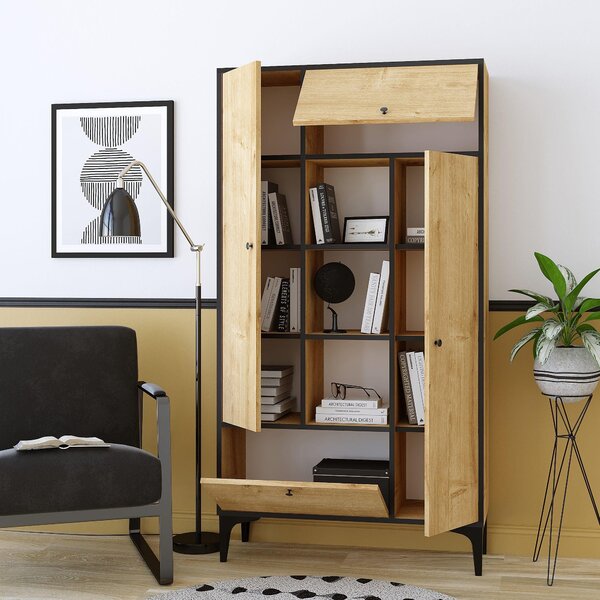 Biblioteca Arsenio cu 4 usi si rafturi, Stejar, 96x177x32 cm
