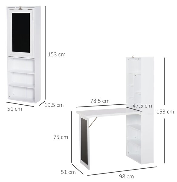 Birou pliabil cu tabla HOMCOM, economie de spatiu, masa alba de lucru | Aosom Romania