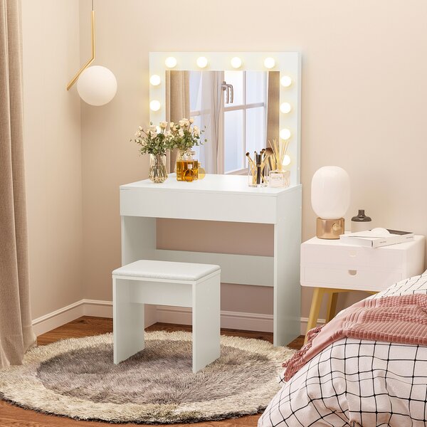 HOMCOM Masă de Machiaj Vintage cu Scaun Tapitat, Oglindă cu 12 Lămpi LED, Sertar Mare, MDF Alb, pentru Dormitor | Aosom Romania