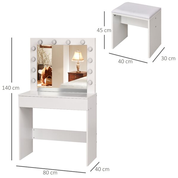 HOMCOM Masă de Machiaj Vintage cu Scaun Tapitat, Oglindă cu 12 Lămpi LED, Sertar Mare, MDF Alb, pentru Dormitor | Aosom Romania
