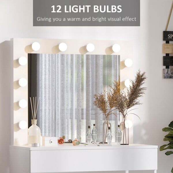 HOMCOM Masă de Machiaj Vintage cu Scaun Tapitat, Oglindă cu 12 Lămpi LED, Sertar Mare, MDF Alb, pentru Dormitor | Aosom Romania