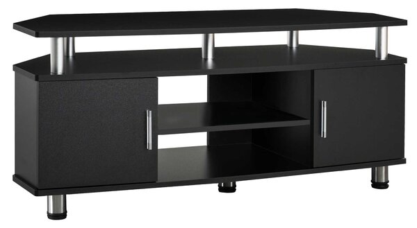 Comoda TV moderna HOMCOM, cu 2 compartimente inchise, raft, blat, benzi antiderapante, picioare din otel inox, din lemn, negru | Aosom Romania