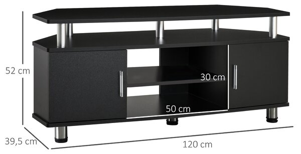 Comoda TV moderna HOMCOM, cu 2 compartimente inchise, raft, blat, benzi antiderapante, picioare din otel inox, din lemn, negru | Aosom Romania