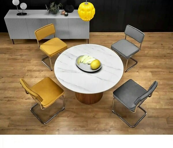 Masa BRUNO, alb cu efect de marmura/nuc, 120x120x76 cm