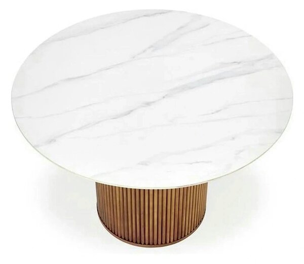 Masa BRUNO, alb cu efect de marmura/nuc, 120x120x76 cm
