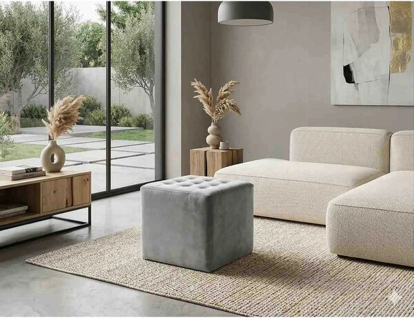Taburet LORI, stofa catifelata gri deschis, 39x39x34 cm