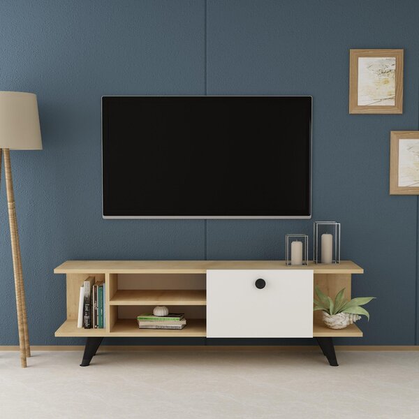 Comoda TV Fantery cu Rafturi si Usa, Nuc - Stejar, 120x45x30 cm