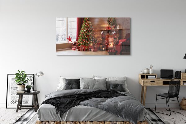 Tablouri pe sticlă Pom de Crăciun decor Cadouri șemineu