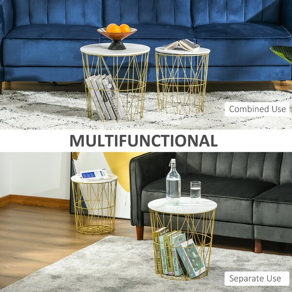 HOMCOM Set 2 Măsuțe de Sufragerie Stivuibile, Design Modern din Oțel și MDF, Φ44/Φ35x45.5cm, Alb Auriu | Aosom Romania
