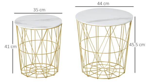 HOMCOM Set 2 Măsuțe de Sufragerie Stivuibile, Design Modern din Oțel și MDF, Φ44/Φ35x45.5cm, Alb Auriu | Aosom Romania