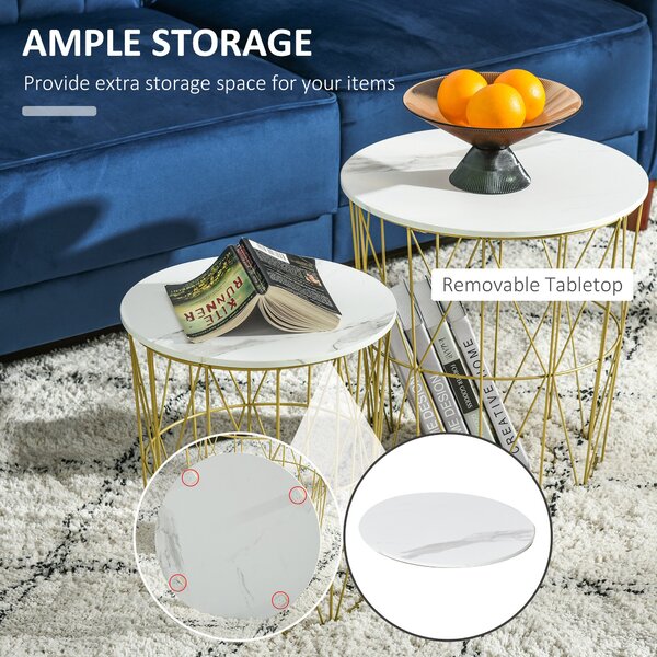 HOMCOM Set 2 Măsuțe de Sufragerie Stivuibile, Design Modern din Oțel și MDF, Φ44/Φ35x45.5cm, Alb Auriu | Aosom Romania