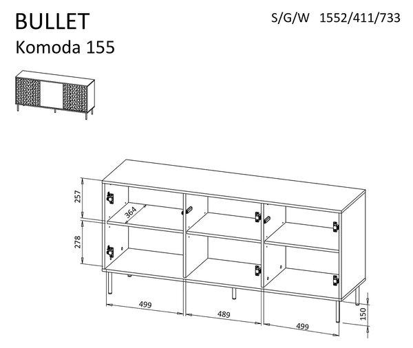 Comoda BULLET, negru/auriu, PAL laminat, 155x41x73 cm