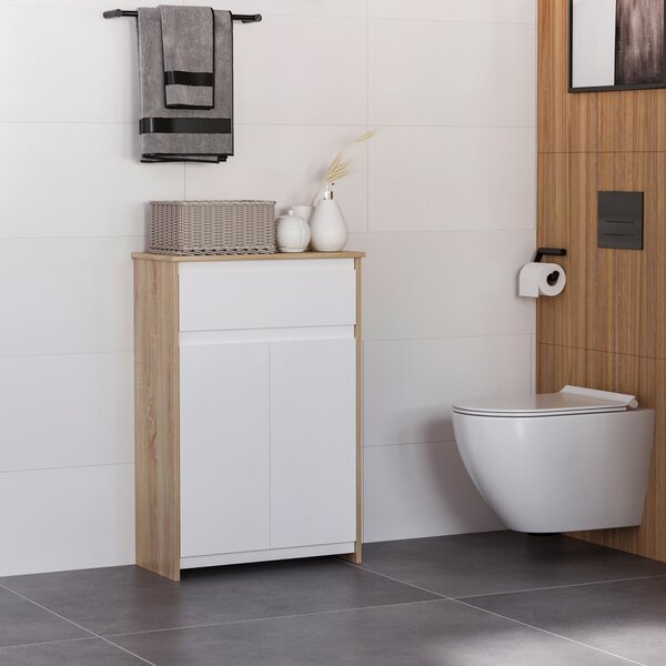Kleankin Mobilier de Baie Multifuncțional, Combinație Dulap și Sertar, Design Modern în Nuanțe de Lemn și Alb, 60x30x90 cm | Aosom Romania