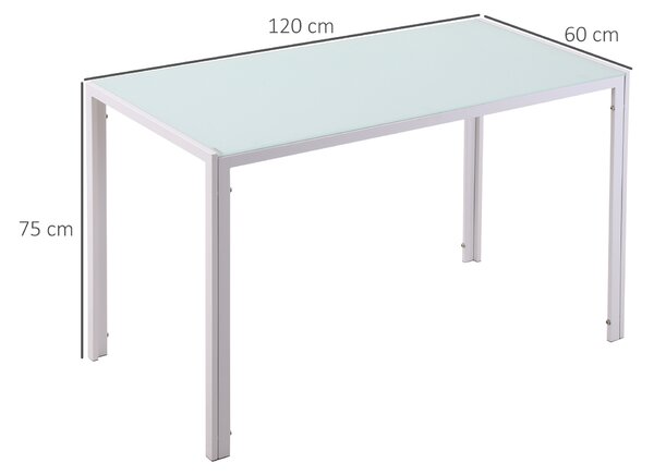 HOMCOM Masă Dreptunghiulară pentru 4 Persoane din Metal și Sticlă Securizată, 120x60x75 cm, Alb | Aosom Romania