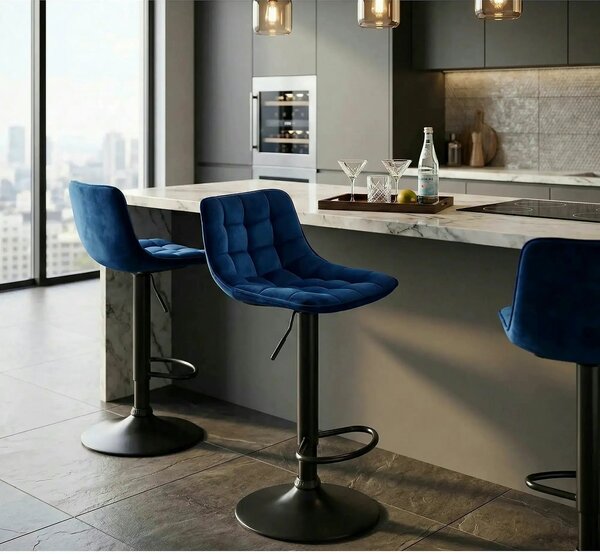 Scaun bar H95, albastru/negru, stofa catifelata/otel, 43x44x84/106 cm