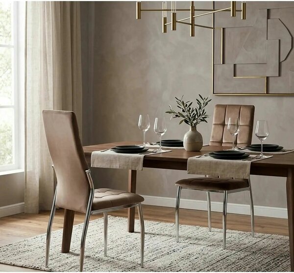 Scaun cromat bucatarie K416, bej, stofa catifelata, 43x54x101 cm