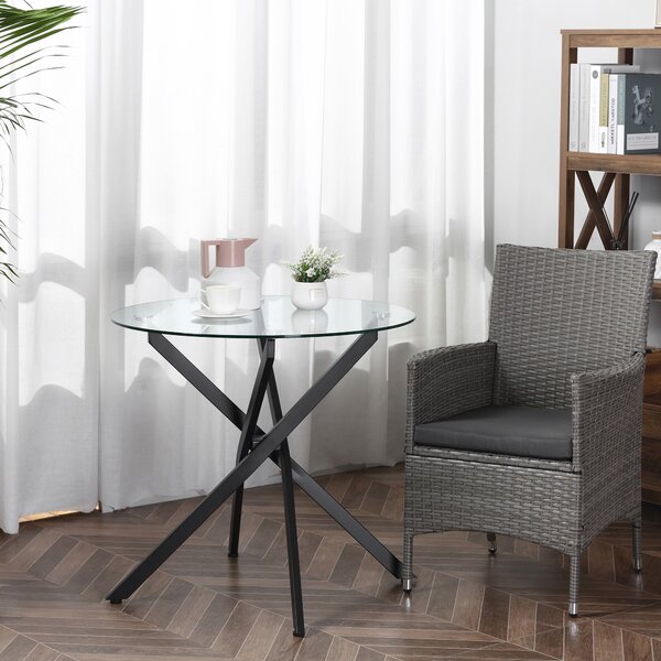 HOMCOM Masa Rotunda din Sticla si Picioare Incrucisate din Metal, Masuta Moderna pentru Sufragerie si Birou, 80x80x75cm, Negru