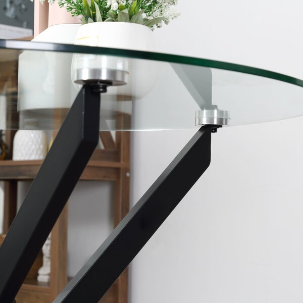 HOMCOM Masa Rotunda din Sticla si Picioare Incrucisate din Metal, Masuta Moderna pentru Sufragerie si Birou, 80x80x75cm, Negru