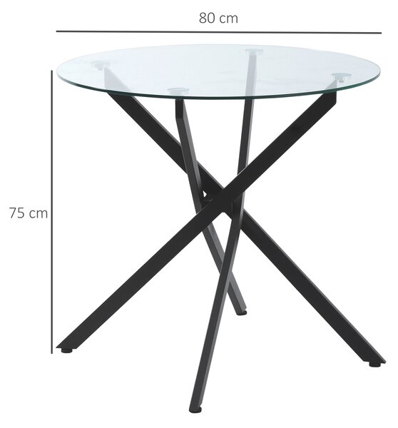 HOMCOM Masa Rotunda din Sticla si Picioare Incrucisate din Metal, Masuta Moderna pentru Sufragerie si Birou, 80x80x75cm, Negru