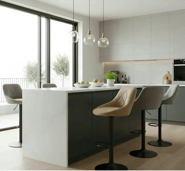 Scaun de bar rotativ H101, bej/negru, stofa catifelata/metal, 47x45x84/106 cm