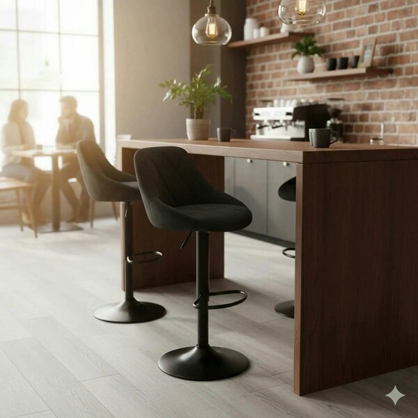 Scaun de bar rotativ H101, negru, stofa catifelata/otel, 47x45x84/106 cm