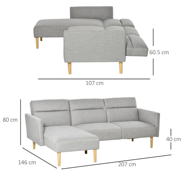 HOMCOM Canapea Extensibila cu 3 Locuri, Canapea pe Colt din Tesatura Gri cu Spatar Reglabil, Stil Scandinav, 207x146x80cm | Aosom Romania